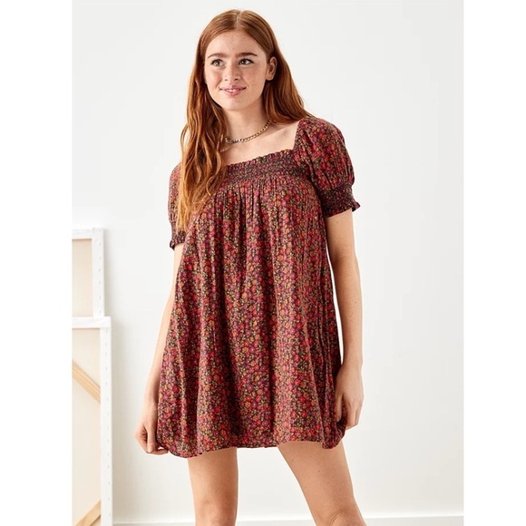 AE American Eagle Floral Babydoll Dress Puff Sleeves Honeycomb Embroidery - Picture 1 of 15